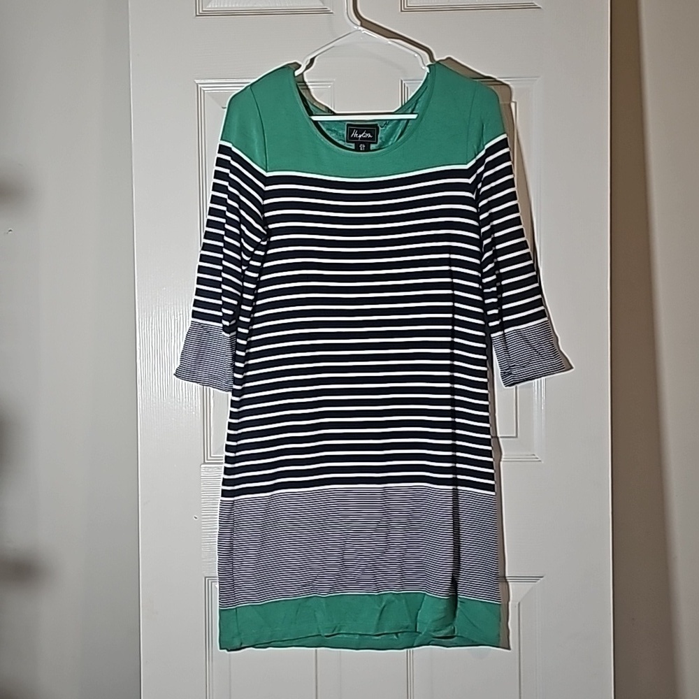 Heyton Dress Blue Green Sweatshirt Long Sleeve Mixed Print Striped Dress Size S